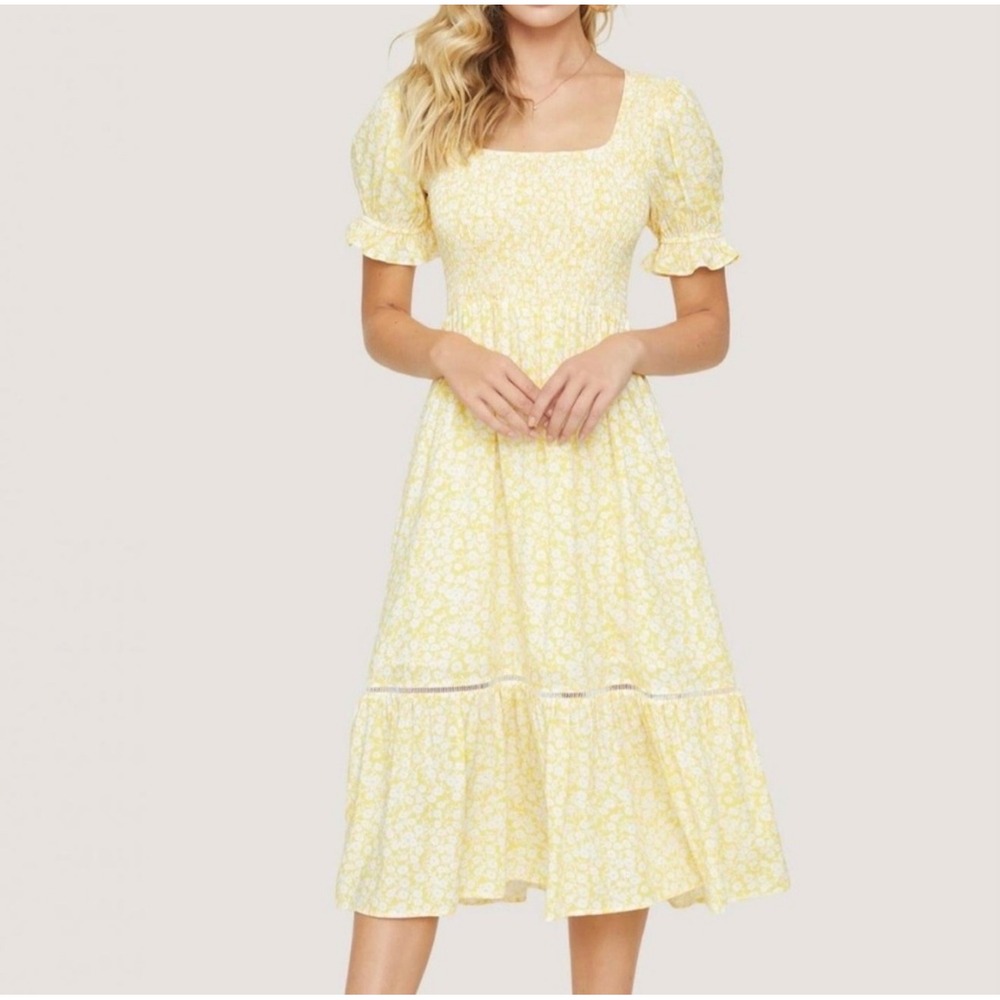 NEW Lost + Wander Sweet Summer Daze‎ Yellow Floral Smocked Midi Dress Small NWT